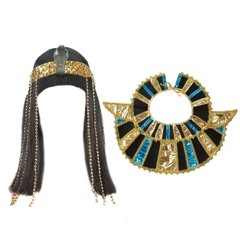 Cleopatra Egiptuse Kuninganna Cosplay Halloween Aksessuaar Parukad Erisoodustuse Helmed Madu Peapael Nüri Tukk Sirged Juuksed Parukas Kaela Krae