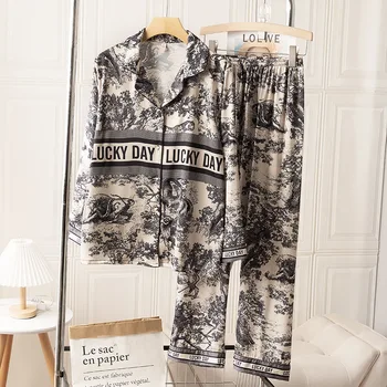 Jungle Leopard Pidžaama Ülikond Naiste 2tk Kodu Riided Siserõivad Satiin Sleepwear Pikad Varrukad pikad Püksid Komplekt Särk&püksid Nightwear