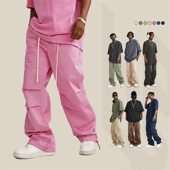 Loose Fit Plisseeritud Põlve Püksid Retro Puuvill Puusepp Püksid Meeste Kevad-Suvel Streetwear