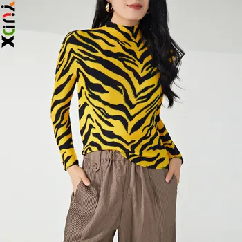 Miyake Naiste T-särk Kvaliteetse Moe Disaini Zebra Print Pikkade varrukatega Temperament Sõitmisest Plisseeritud Top 2024 varakevadel