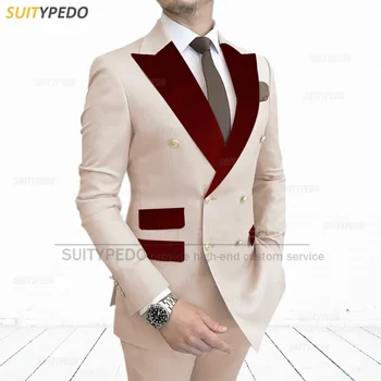 Mood Meeste Ülikond Set Riided Elegantne Burgundia Velvet Rinnamikrofon Jope Ametliku Äri Meeste Pintsak Püksid 2tk Pulmas Peigmees Kostüüm