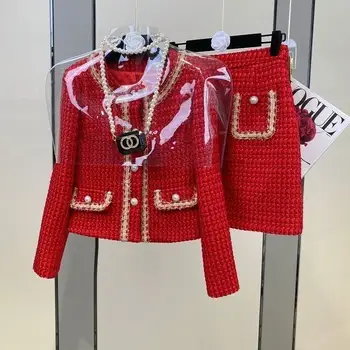Naiste Elegantne Stiilne Vintage Tweed Y2K Sobiks Jacke Mantel Top Ja Seelik Kahe-osaline Komplekt Komplekt Talvel Jacquard Festival Partei Riided