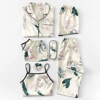 Naiste Pidžaama Komplekt 7 tk Satiin Sleepwear Pijama Silk Nightgowns Sobiks Suve Naised Kodus Riided Trükkimine Une Femme Pyjama
