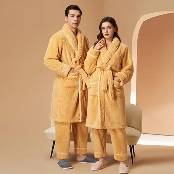 Paksenenud Lapp Paar Pidžaama Komplekt Sleepwear Kahepoolne Paksenenud Coral Fliis Kimono Vann Rüü Kleit Talvel Homewear 3XL