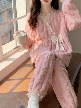 Pits V-Kaeluse Pullover Vibu Sleepwear Komplekti Naiste Talve Tahke Fliisist Paks Jaapani Kimono Coral Velvet Magusad Tüdrukud Koju Pajama