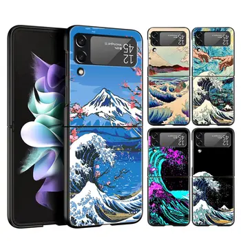 Samsung Galaxy Z Flip 3 4 5G Raske Must Kokkuklapitavad PC Phone Case Kuldne Suur Laine Kanagawa Surf Samsung Z Flip3 tagakaas