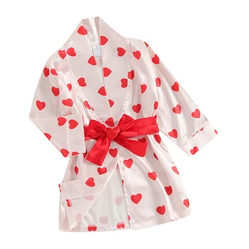 Teise lapse Silk Satin Rüü Valentine s Päev Süda Prindi Kimono Hommikumantel Koos Vöö Lapsed Tüdrukud Kaste Kleit Sleepwear