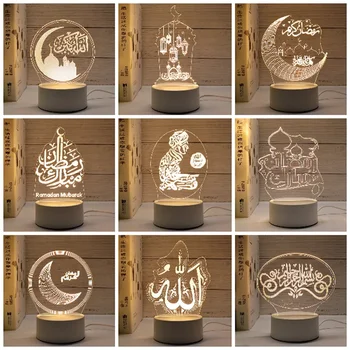 USB Tegutseda LED 3D Akrüül Öö Valguses Moslemite Ramadaani Festival Kaunistused EID Mubarak Tabel Kaunistused Öö Lamp Magamistuba Decor
