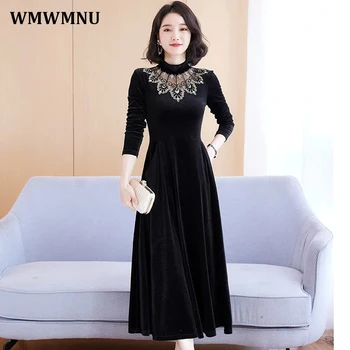 Vintage Pits Appliques Õõnes Must Samet Kleit Naiste Korea Pool Kõrge Kaelusega Pika Varrukaga Kleidid Elegantne Midi Vestidos Mujer