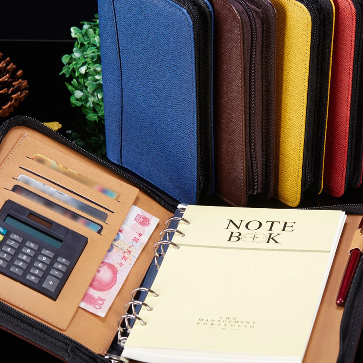 Business Notebook Lukuga Sulgemise Zipper Notepad Märkmik, Kalkulaator Omanik Office Home Punane