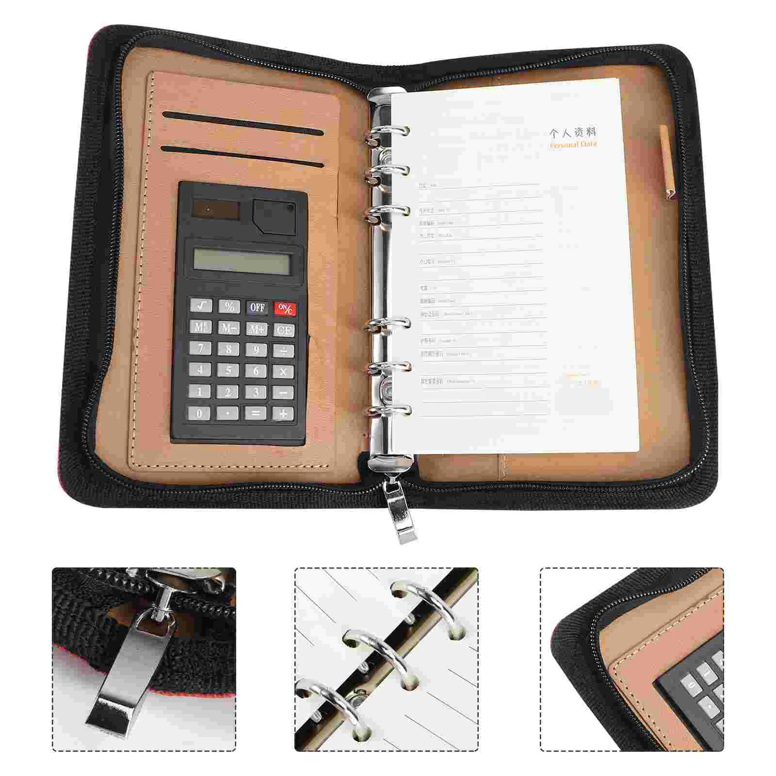 Business Notebook Lukuga Sulgemise Zipper Notepad Märkmik, Kalkulaator Omanik Office Home Punane