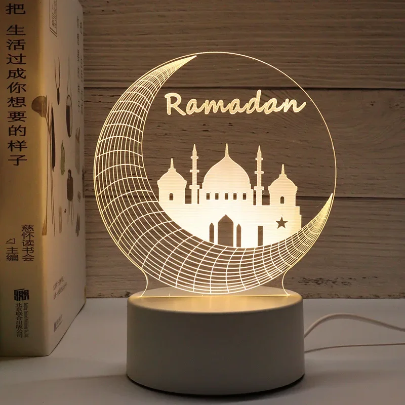 USB Tegutseda LED 3D Akrüül Öö Valguses Moslemite Ramadaani Festival Kaunistused EID Mubarak Tabel Kaunistused Öö Lamp Magamistuba Decor